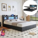 Lit coffre 140x200 cm, lit avec rangement et led, t�te de lit en prot�ge - ailes et usb - a / c charge, ...