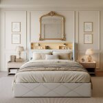 Lit coffre 140x200 cm scandinave - t�te de lit avec rangement - led rgb et station de charge usb a + ...