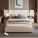 Lit coffre 140x200 cm avec sommier � lattes, t�te de lit capitonn�e en velours, �clairage led int�gr�, ...