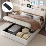 Lit coffre 140x200 cm, avec usb fonction de charge c, hydraulique de rangement, sommier � lattes en bois, ...