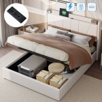 Lit coffre 140x200 cm, avec usb fonction de charge c, hydraulique de rangement, sommier � lattes en bois, ...