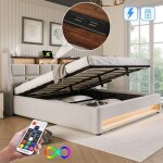 Lit coffre 140x200 cm, lit adulte avec usb et led, lit double capitonn�, bois + m�tal + lin, sans matelas, ...
