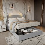 Lit coffre 140x200 cm - velours c�tel� gris - 2 liseuses led avec ports usb - t�te de lit � oreilles ...