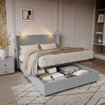 Lit coffre 140x200 cm, velours c�tel�, t�te de lit avec 2 liseuses et ports usb, cadre de lit, rangement, ...