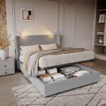 Lit coffre 140x200 cm, velours côtelé, tête de lit avec 2 liseuses et ports usb, cadre de lit, rangement, ... Lit coffre 140x200 cm, velours côtelé, tête de lit avec 2 liseuses et ports usb, cadre de lit, rangement, ...