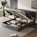 Lit coffre 140x190 cm, velours, finition rivets, sommier  lattes, structure mtal, lit double adulte ...