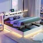 Lit coffre 140x200 avec rangement, lit adulte avec sommier � lattes, t�te de lit modulable avec station ...