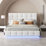 Lit coffre 140x200 - simili cuir blanc - t�te r�glable - rangement hydraulique - led rgb