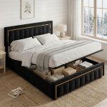 Fortuna lai ? lit coffre 140x200 cm en velours noir ? t�te de lit capitonn�e dor�e ? rangement hydraulique ...