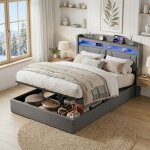 Lit coffre 140x200 avec sommier, lit double capitonn� avec �clairage led et ports usb / type - c, t�te ...