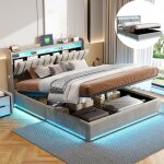 Lit coffre 140x200 avec sommier, t�te de lit avec rangement, bande lumineuse led r�glable, port de chargement ...