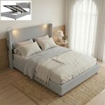 Lit coffre 140x200, t�te de lit et liseuses led flexibles int�gr�es & usb, lit double capitonn� hydraulique, ...