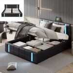 Lit coffre 140x200cm - lit double led avec sommier � lattes et t�te de lit avec port usb - en cuir pu ...