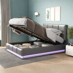 Lit coffre 140x200cm, lit double avec rangement, clairage led, tissu cuir, cadre de lit avec sommier ...