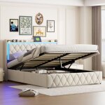 Lit coffre 140x200cm, lit double avec sommier  lattes, lit avec led, chargement usb et tete de lit, ...