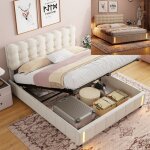 Lit coffre 140x190 cm avec sommier en bois massif, velours, rangement, lit double adulte, lumire chaude ...
