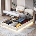 Lit coffre 140x200cm, avec éclairage led, tête de lit avec rangements, sommier à lattes, lit double avec ... Lit coffre 140x200cm, avec éclairage led, tête de lit avec rangements, sommier à lattes, lit double avec ...