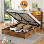 Lit coffre 140x200cm, mdf et m�tal, lit double, hydraulique, lit adulte avec led, sans matelas, marron ...