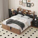 Modernluxe - lit coffre 140x200cm - avec tête de rangement et sommier à lattes en métal - naturel foncé ... Modernluxe - lit coffre 140x200cm - avec tête de rangement et sommier à lattes en métal - naturel foncé ...