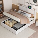 Lit coffre 140x200cm, tissu lin, 2 ports usb et 1 port de charge tyce, t�te de lit ray�e, sommier � lattes, ...