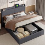 Lit coffre 140x200cm, tissu lin, 2 ports usb et 1 port de charge tyce, t�te de lit ray�e, sommier � lattes, ...