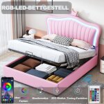 Modfu - lit coffre 140x200cm, tissu simili cuir, lit double, lit enfant avec led, sommier � lattes, sans ...