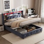 Lit coffre 140x190 cm, lit capitonné avec sommier à lattes, avec port de charge usb + type - c et éclairage ... Lit coffre 140x190 cm, lit capitonné avec sommier à lattes, avec port de charge usb + type - c et éclairage ...