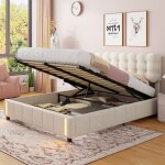 Lit coffre double 140x190cm, bout de lit avec clairage led, rangement hydraulique, velours, sommier ...