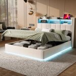 Lit coffre 140x200cm, tissu velours, t�te de lit rangement avec port de charge usb et tpcy, �clairage ...