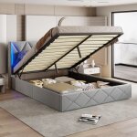 Lit coffre 140x200 cm, lit capitonn avec tte de lit diamant et bande lumineuse led, sommier  lattes ...