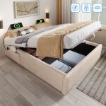 Lit coffre 160×200 cm, lit adulte capitonné, avec usb - c, sans tête de lit, lin, sans matelas, beige ... Lit coffre 160×200 cm, lit adulte capitonné, avec usb - c, sans tête de lit, lin, sans matelas, beige ...