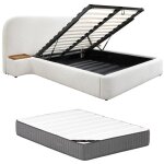 Lit coffre 160 x 200 cm avec chevets - tissu bouclette - blanc + matelas - esteria de maison céphy Lit coffre 160 x 200 cm avec chevets - tissu bouclette - blanc + matelas - esteria de maison céphy