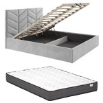Vente - unique - lit coffre 160 x 200 cm - tissu textur� - gris + matelas - justani