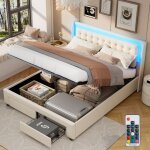 Lit coffre 160x190 cm, avec led, hydraulique de rangement, 2 tiroirs, sommier � lattes en bois, cadre ...