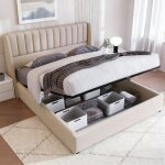 Lit coffre 160x200, lit adulte, sommier � lattes, style moderne, t�te de lit design, tissu en lin, beige ...