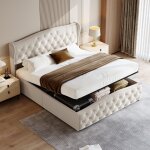 Lit double rembourr en velours 160 x 200 cm avec dcor rivets, lit lvateur hydraulique avec espace ...