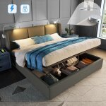 Lit coffre 160x200 cm, avec 2 lampes de lecture, hydraulique, fonction de recharge usb, lit adulte avec ...