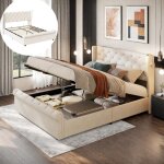 Lit coffre 160x200 cm, avec 2 lampe de lecture, rangement, usb charge, classique, sommier � lattes, cadre ...