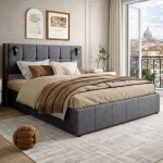 Lit coffre 160x200 cm avec 2 liseuses, lit double capitonn� avec rangement, avec sommier lattes, convient ...