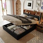 Lit coffre 160x200 cm, 2 places, en cuir pu et bois clair, lit capitonn� avec t�te de lit de rangement, ...