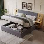 Lit coffre 160x200 cm, lit adulte, lit capitonn� � oreilles larges avec 2 tables de nuit, sommier � lattes ...