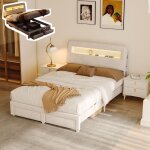 Lit coffre 160x200 cm, lit double avec deux tiroirs, �clairage led int�gr�, sommier � lattes, rev�tement ...