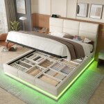 Lit coffre 160x200 cm, lit double, avec clairage d'ambiance led, port usb / type - c, tte de lit rglable, ...