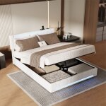 Lit coffre 160x200 cm, lit double avec rangements, t�te de lit capitonn�e avec bande lumineuse led int�gr�e ...