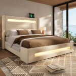 Redom lit coffre 160x200 cm avec led et port usb type - c cadre en m�tal sommier � lattes tissu en lin ...