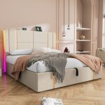 Modernluxe - lit coffre 160x200 cm rembourr en tissu de lin - avec led et fonction de recharge - avec ...