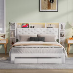 Lit coffre 160x200 cm, table de chevet led + usb, 2 tiroirs au pied, tissu velours, blanc