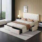 Lit coffre 160x200 cm avec tiroirs, lit 2 personnes moderne avec 4 tiroirs, cadre de lit avec sommier ...