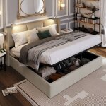 Lit coffre 160x200 cm en tissu lin beige - tête de lit avec liseuses led et ports usb, sommier relevable ... Lit coffre 160x200 cm en tissu lin beige - tête de lit avec liseuses led et ports usb, sommier relevable ...