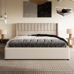 Lit coffre 160x200 cm, tissu lin, lit double acve rangement hydraulique, t�te de lit ray�e, sommier � ...